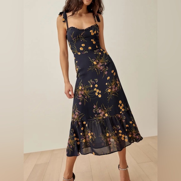 Reformation Black Floral Midi Dress “Nikita Dress”. Size small. - Picture 2 of 9
